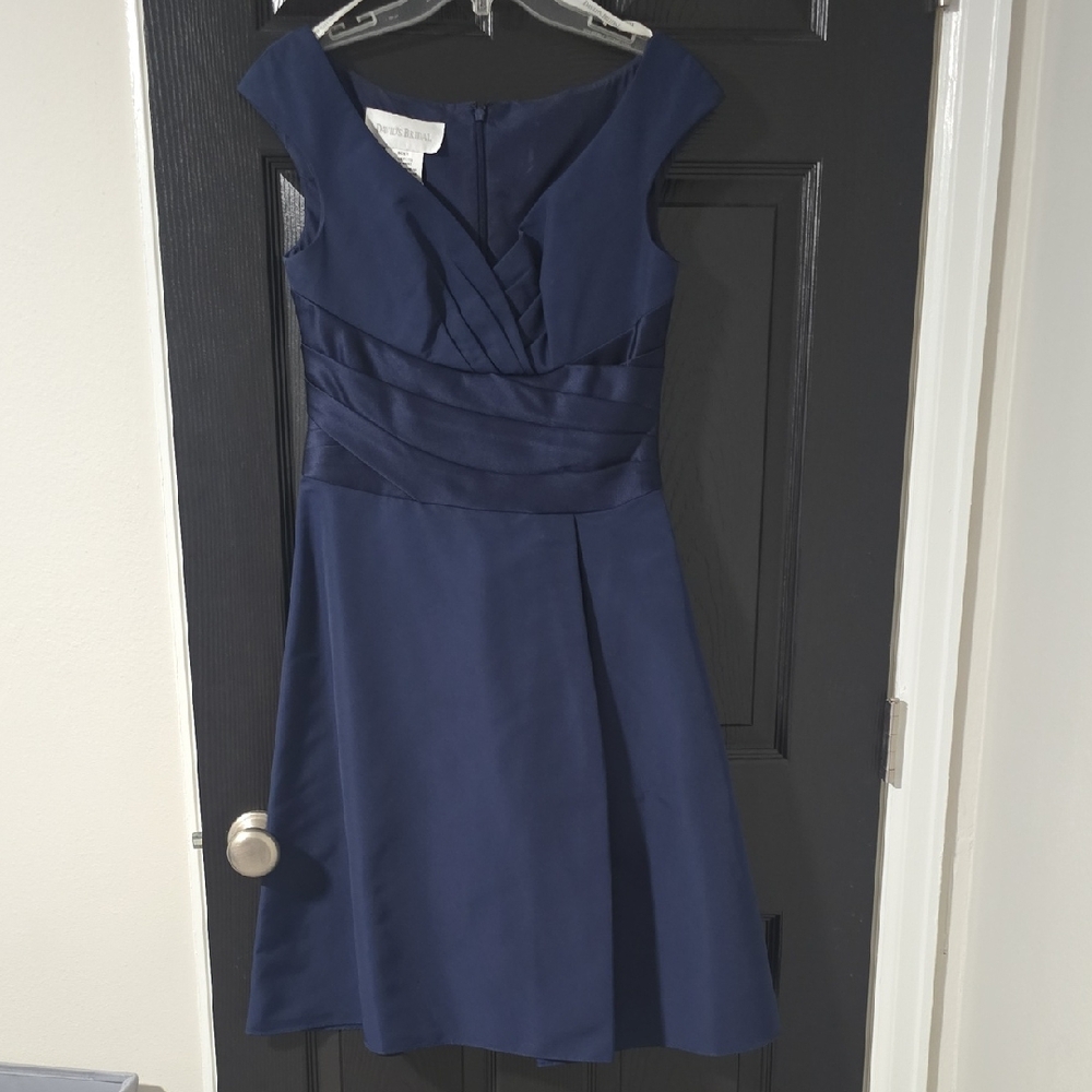 David's Bridal Navy Fit-and-Flare Cap Sleeve Midi Dress